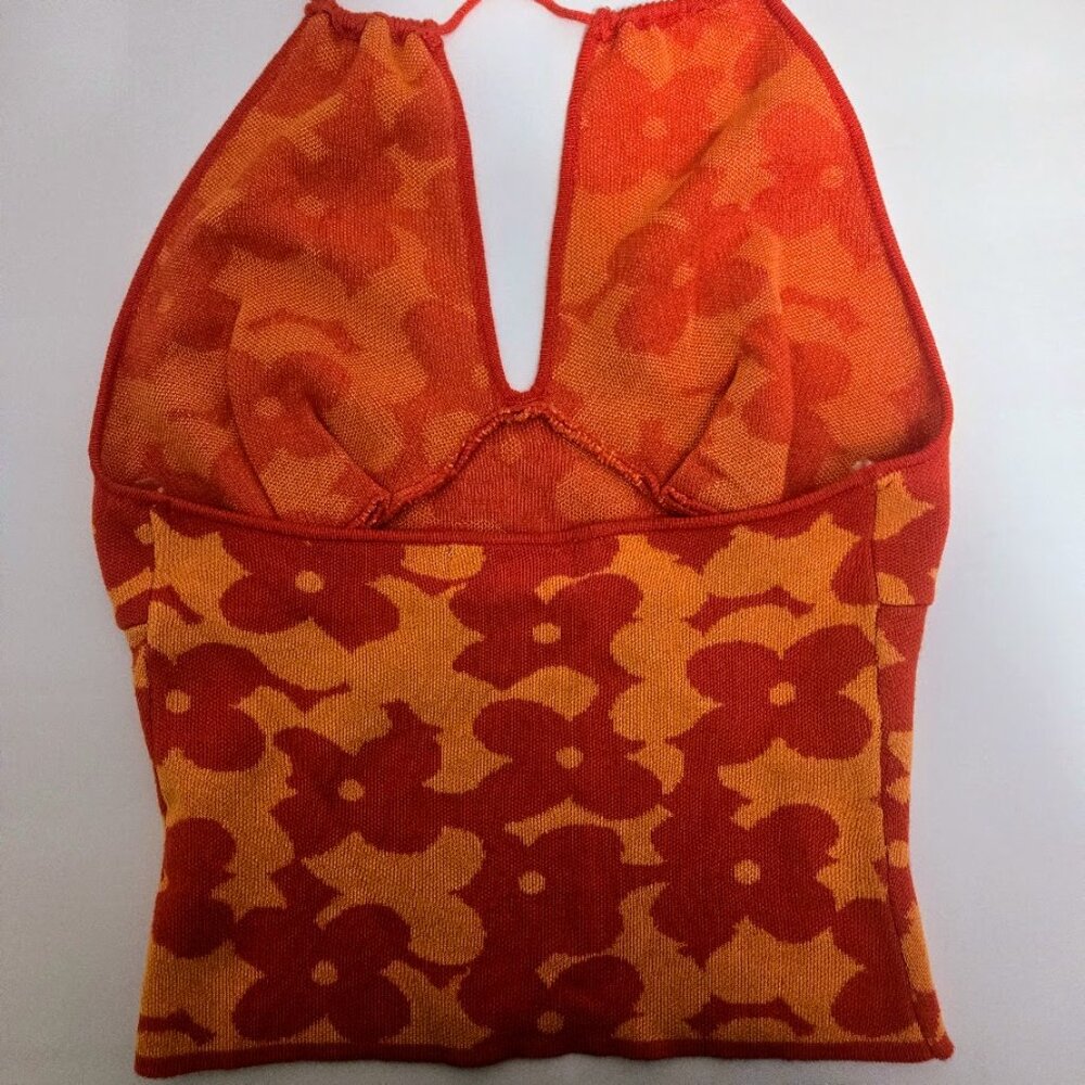 Women's Orange Floral Halter Knit Top - Picture 3 of 6